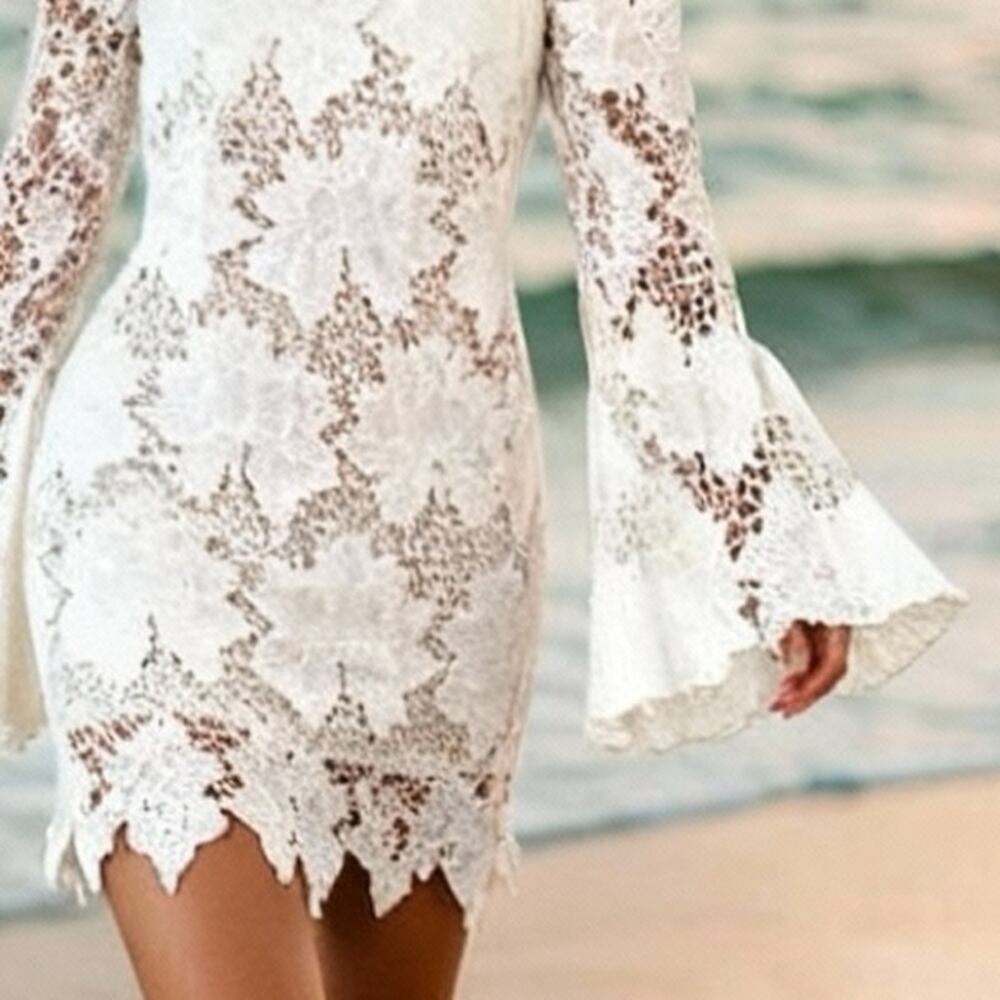 Rumer NWT White Bridal Crochet Lace Bell Sleeve Tropez Mini Dress medium - Picture 5 of 6